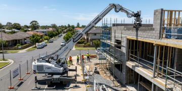 Equipada com um braço telescópico de 32 metros, a máquina construtora assenta até 1.000 blocos por hora e ergue paredes de até 3 pavimentos a partir da rua