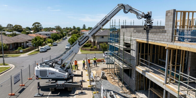 Equipada com um braço telescópico de 32 metros, a máquina construtora assenta até 1.000 blocos por hora e ergue paredes de até 3 pavimentos a partir da rua