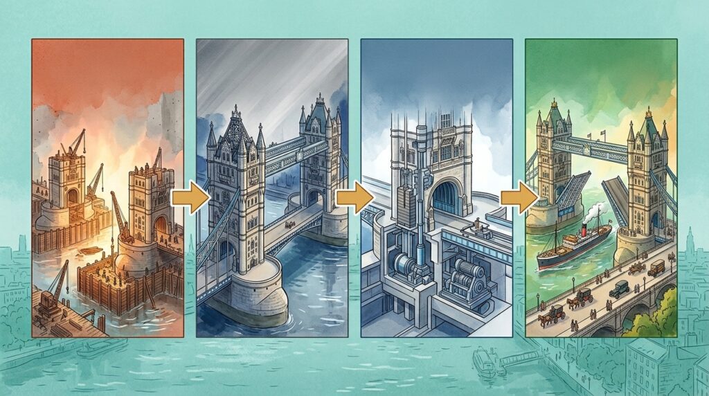 Tower Bridge abre o Tâmisa no meio de Londres sem perder sua presença de monumento vitoriano