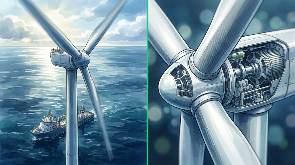 Com pás de mais de 100 metros e rotor maior que 2 campos de futebol, turbina eólica offshore transforma vento em energia no meio do mar