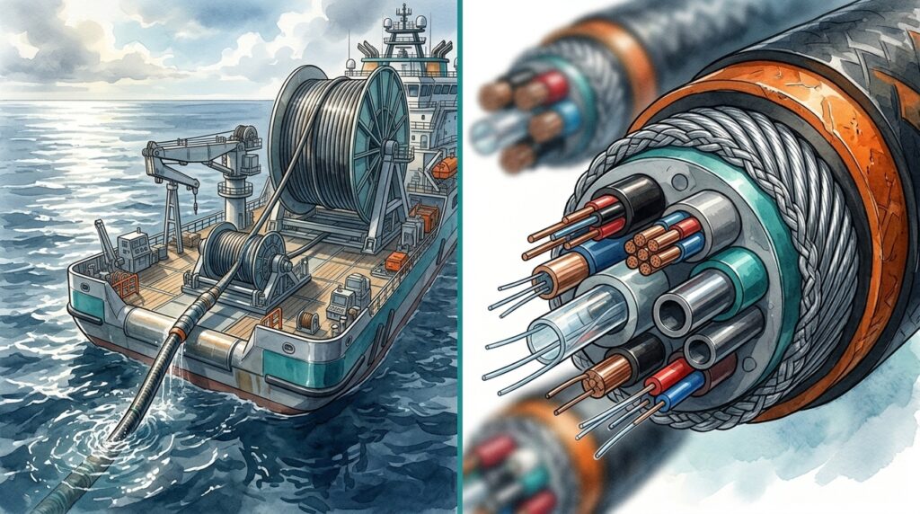 Cabos umbilicais descem quilômetros até o fundo do oceano levando energia, dados e comandos para equipamentos que nunca veem a luz do Sol