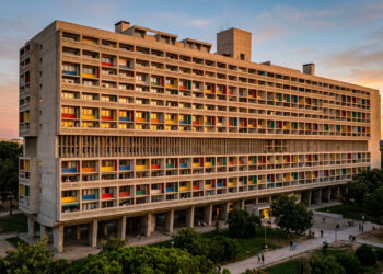 Projetada pelo arquiteto Le Corbusier e iniciada em 1947, a inovadora "cidade vertical" em concreto aparente abriga exatamente 337 apartamentos na França