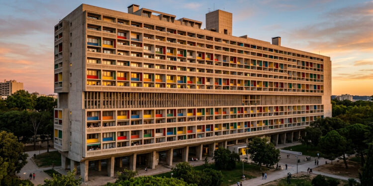 Projetada pelo arquiteto Le Corbusier e iniciada em 1947, a inovadora "cidade vertical" em concreto aparente abriga exatamente 337 apartamentos na França