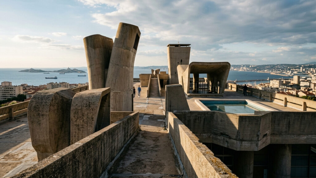 Projetada pelo arquiteto Le Corbusier e iniciada em 1947, a inovadora "cidade vertical" em concreto aparente abriga exatamente 337 apartamentos na França