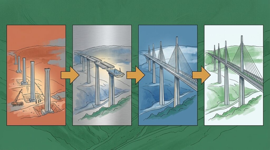 Com quase 200 metros de altura, a Millau Viaduct atravessa um vale francês sustentada por pilares que parecem desaparecer entre as nuvens