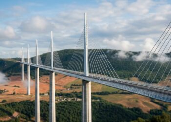 Com quase 200 metros de altura, a Millau Viaduct atravessa um vale francês sustentada por pilares que parecem desaparecer entre as nuvens