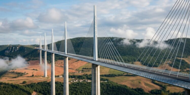 Com quase 200 metros de altura, a Millau Viaduct atravessa um vale francês sustentada por pilares que parecem desaparecer entre as nuvens