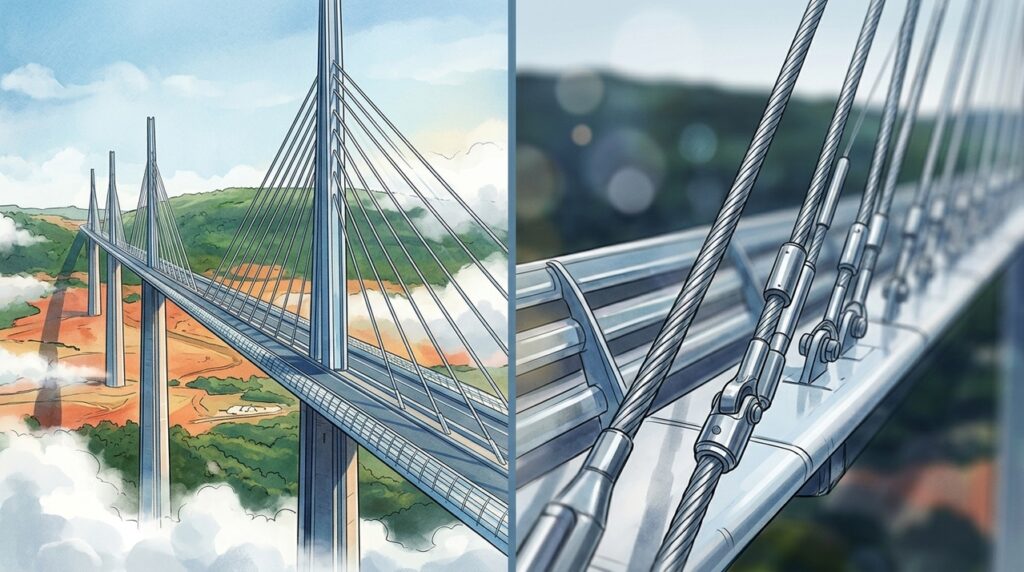 Com quase 200 metros de altura, a Millau Viaduct atravessa um vale francês sustentada por pilares que parecem desaparecer entre as nuvens