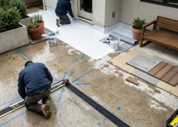 Transformar uma laje em terraço exige refazer caimento e impermeabilização antes que a área de lazer molhe o teto de baixo