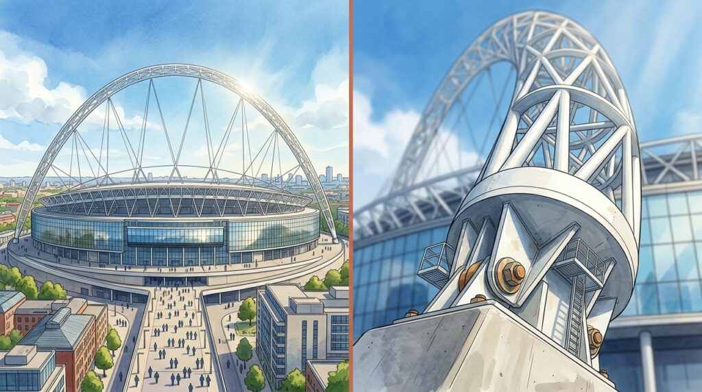 O arco gigante de Wembley sustenta parte de uma cobertura de 40 mil m² sobre 90 mil pessoas