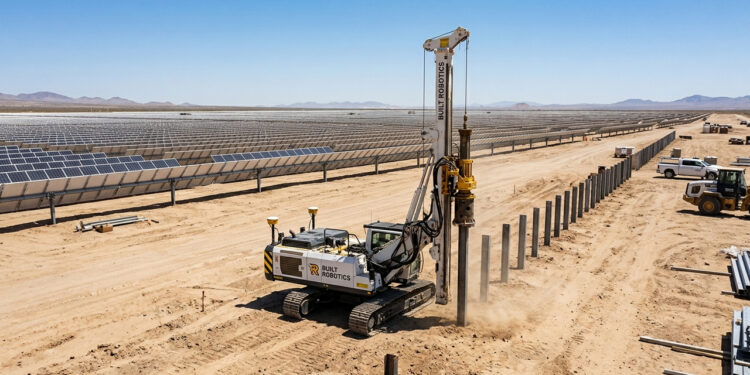 Projetado para cravar estacas metálicas em apenas 70 segundos, o robô autônomo acelera a construção de usinas solares gigantes em terrenos planos