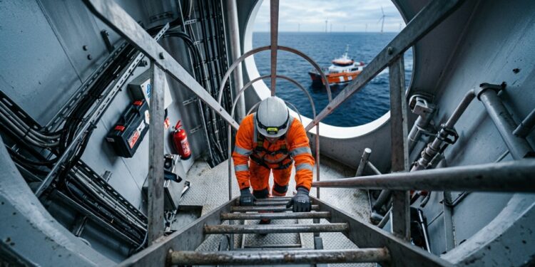 Técnico eólico offshore trabalha entre mar, altura e máquinas