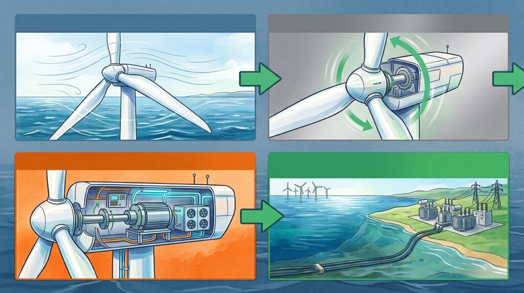 Com pás de mais de 100 metros e rotor maior que 2 campos de futebol, turbina eólica offshore transforma vento em energia no meio do mar