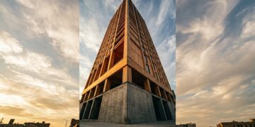 Como concreto e madeira engenheirada dividem funções estruturais em um edifício