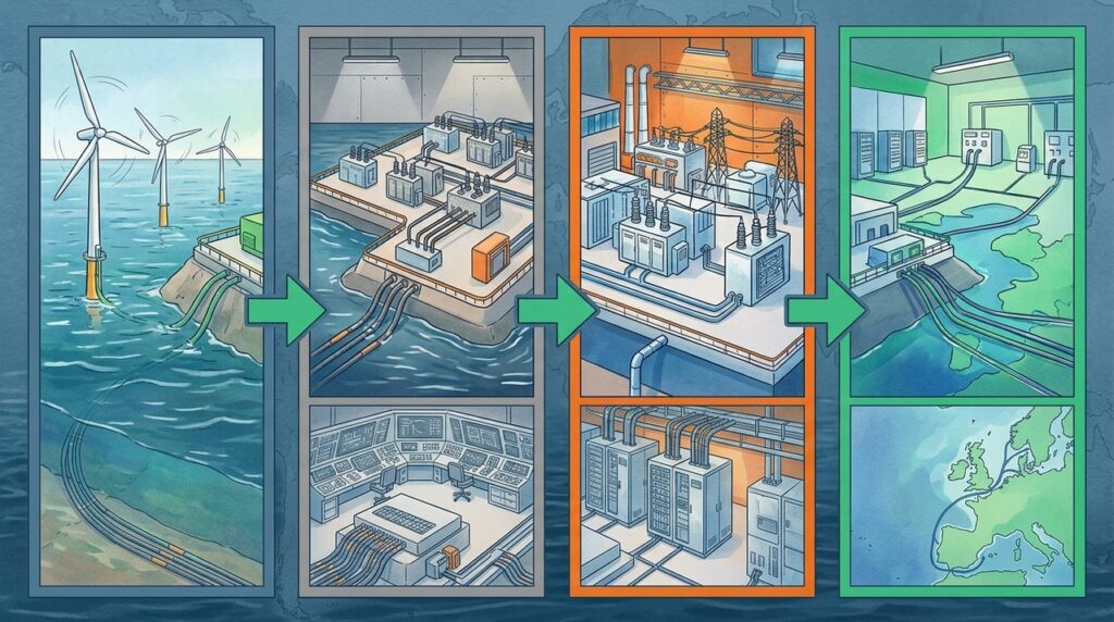 Ilha energética no Mar do Norte reúne turbinas, cabos e subestações para levar energia limpa à Europa