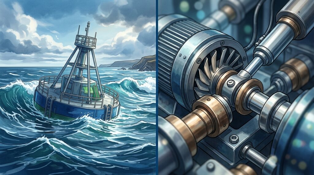 Energia das ondas tenta transformar o balanço constante do mar em eletricidade antes da costa