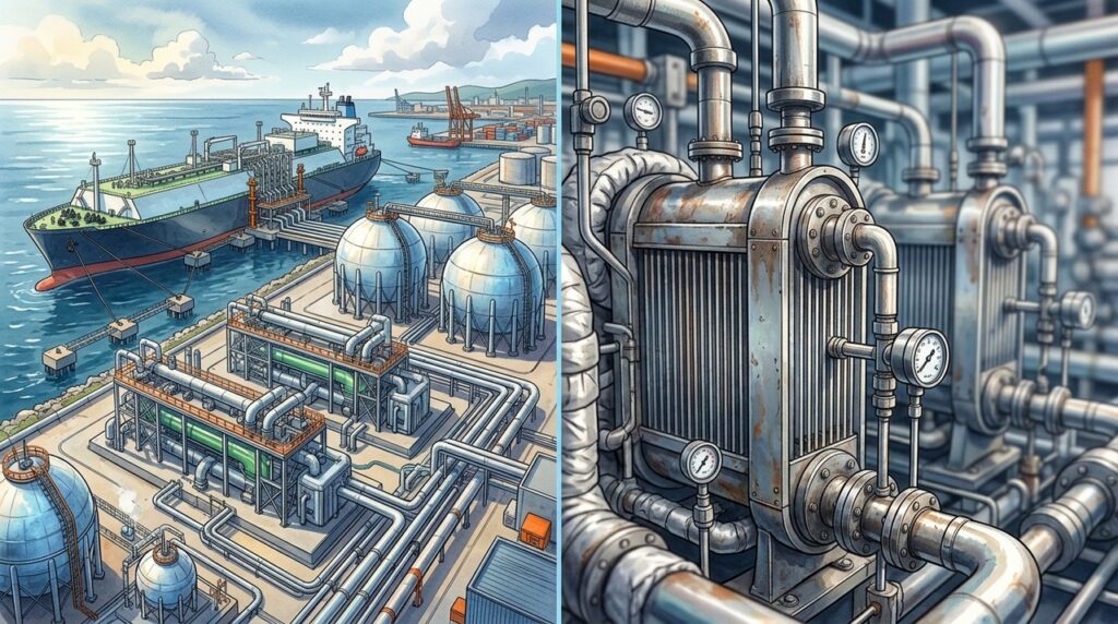 Terminal de regaseificação transforma GNL de navio em gás natural para abastecer a rede