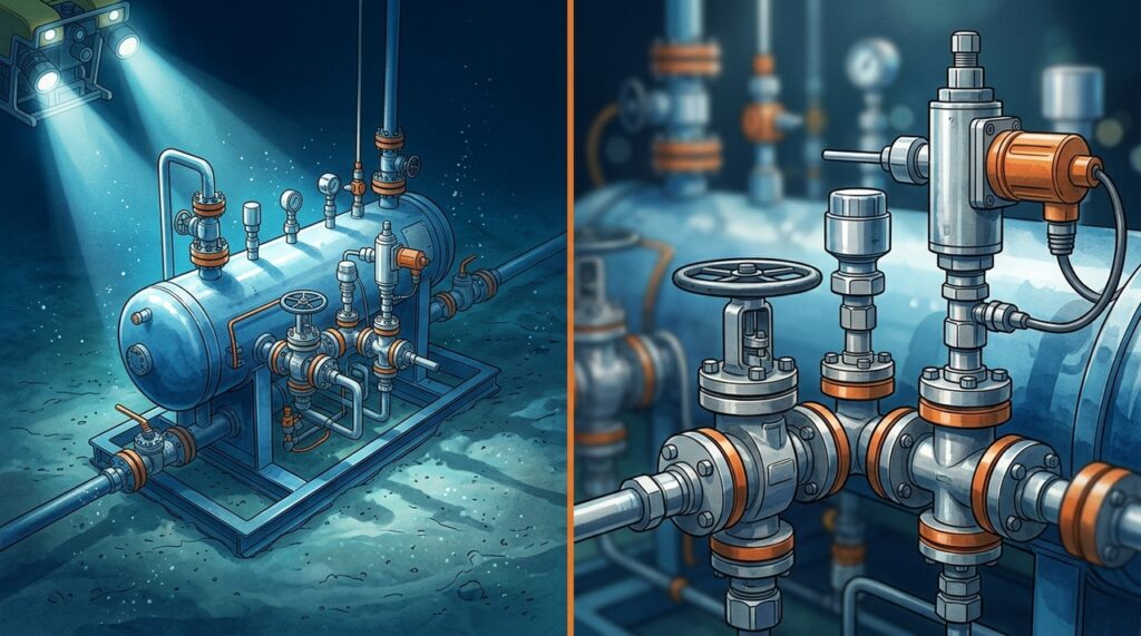 O cilindro de aço instalado no fundo do mar separa petróleo, gás e água ainda no leito oceânico e evita que toneladas de fluidos subam misturados até a plataforma