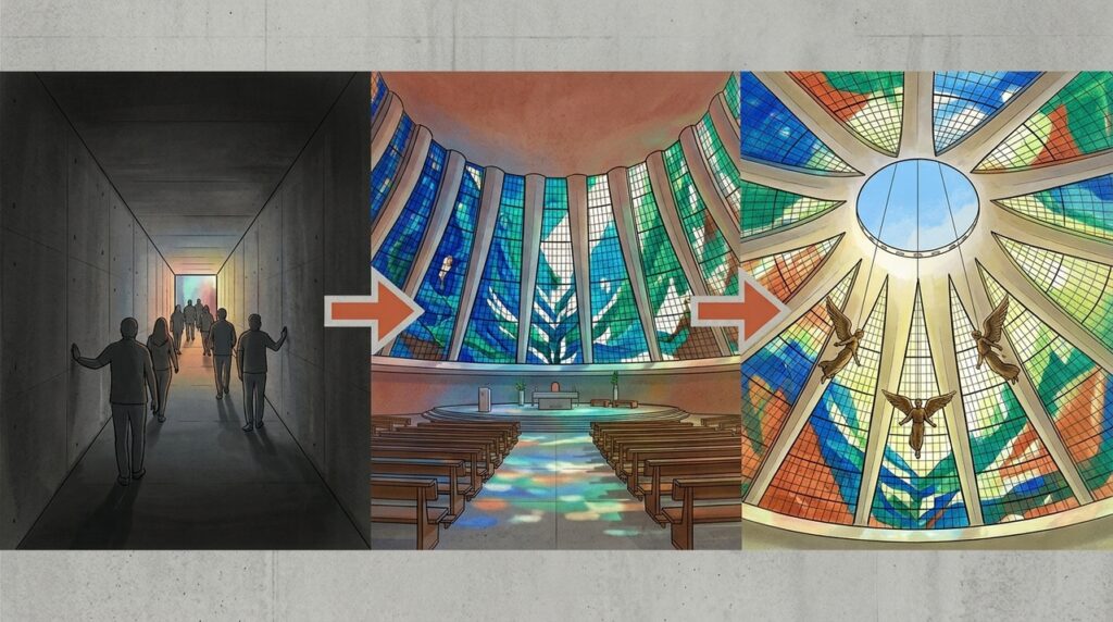 A Catedral de Brasília ergue 16 colunas curvas de concreto como mãos abertas em direção ao céu