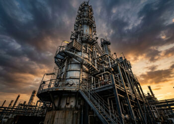 A torre industrial que ferve petróleo bruto em silêncio e separa gasolina, diesel, querosene e asfalto, como se desmontasse o mesmo líquido em várias camadas invisíveis