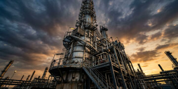 A torre industrial que ferve petróleo bruto em silêncio e separa gasolina, diesel, querosene e asfalto, como se desmontasse o mesmo líquido em várias camadas invisíveis