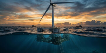 Turbinas eólicas flutuantes, presas ao fundo do mar por cabos gigantes, geram energia em águas profundas onde torres fixas não conseguem alcançar o vento mais forte