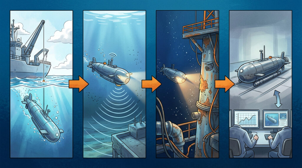 O drone submarino que desliza a centenas de metros de profundidade para inspecionar dutos, plataformas e estruturas onde mergulhadores não conseguem trabalhar