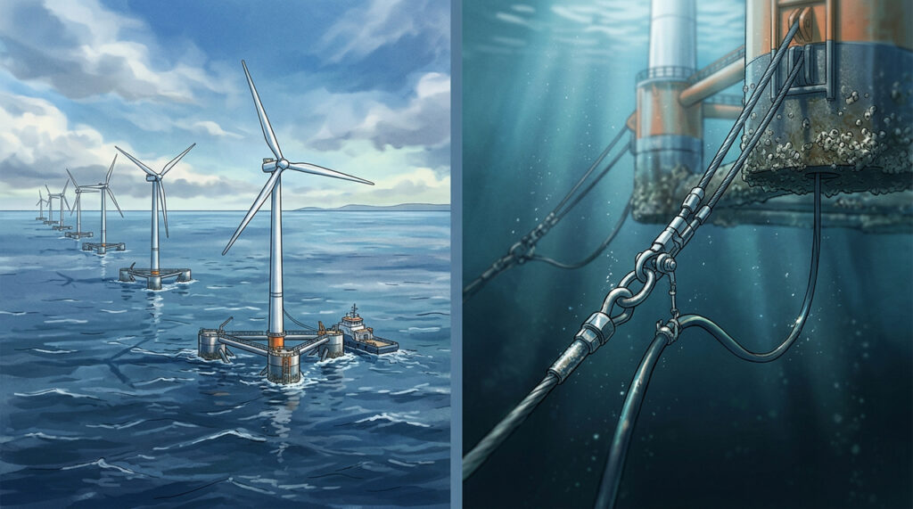 Turbinas eólicas flutuantes, presas ao fundo do mar por cabos gigantes, geram energia em águas profundas onde torres fixas não conseguem alcançar o vento mais forte