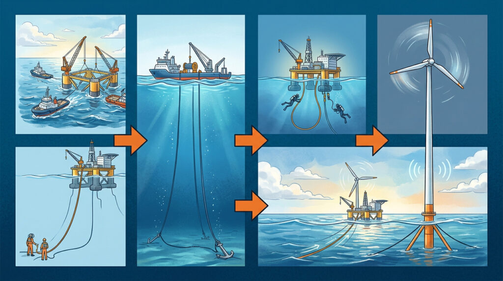 Turbinas eólicas flutuantes, presas ao fundo do mar por cabos gigantes, geram energia em águas profundas onde torres fixas não conseguem alcançar o vento mais forte