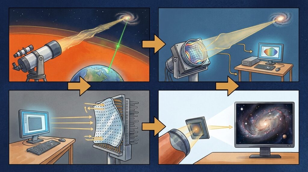 Um gigantesco telescópio instalado no topo de uma montanha utiliza espelhos adaptativos para corrigir a turbulência da atmosfera em tempo real