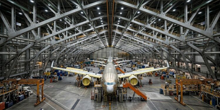 Um gigantesco hangar abriga aviões tão longos quanto prédios altos sob treliças que vencem 91 metros sem pilares centrais