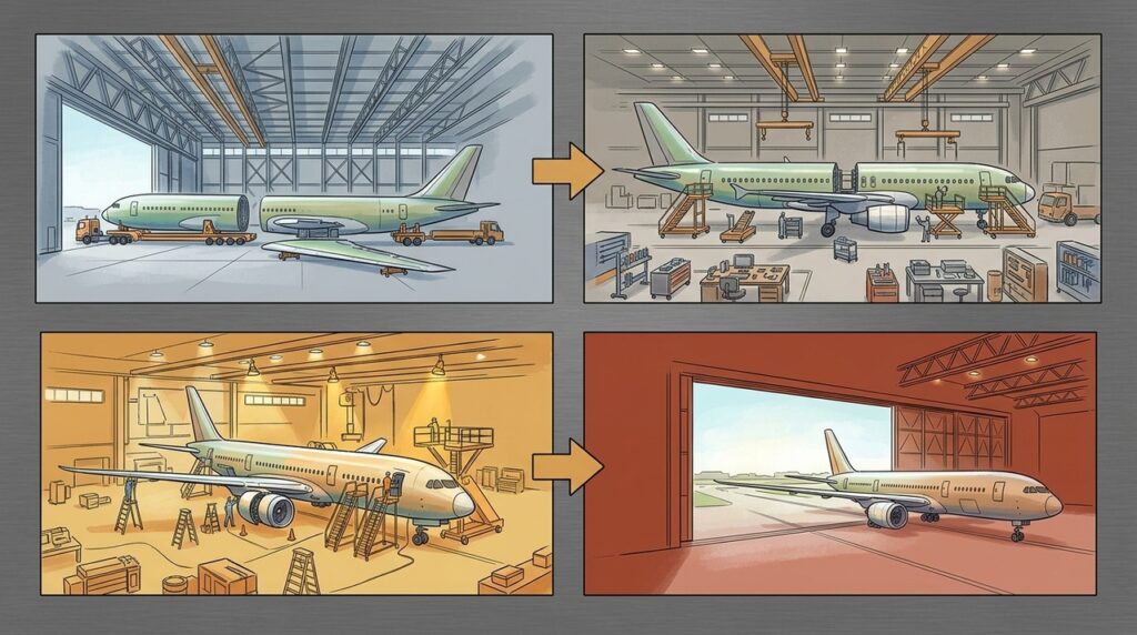 Um gigantesco hangar abriga aviões tão longos quanto prédios altos sob treliças que vencem 91 metros sem pilares centrais