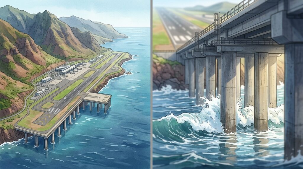 Construído entre montanhas e oceano, o Aeroporto da Madeira colocou parte de sua pista sobre 180 pilares