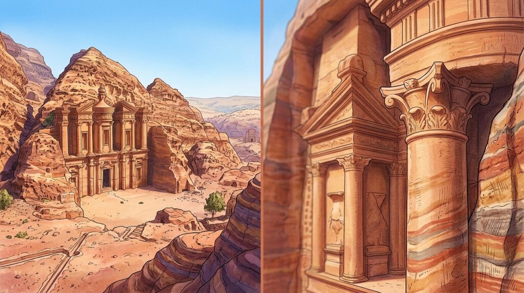 Esculpida dentro de uma montanha na Jordânia, a fachada de Al-Deir transforma um paredão de arenito em uma obra monumental