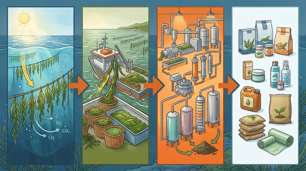Fazendas de algas cultivadas no oceano começam a fornecer matéria-prima para combustíveis, alimentos e novos materiais sustentáveis