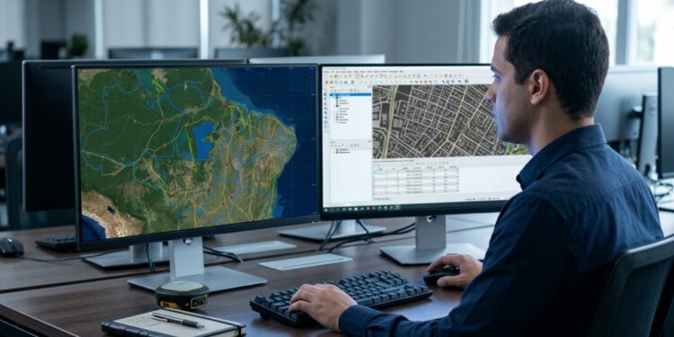 Analista de geoprocessamento trabalha com mapas, satélites e GIS