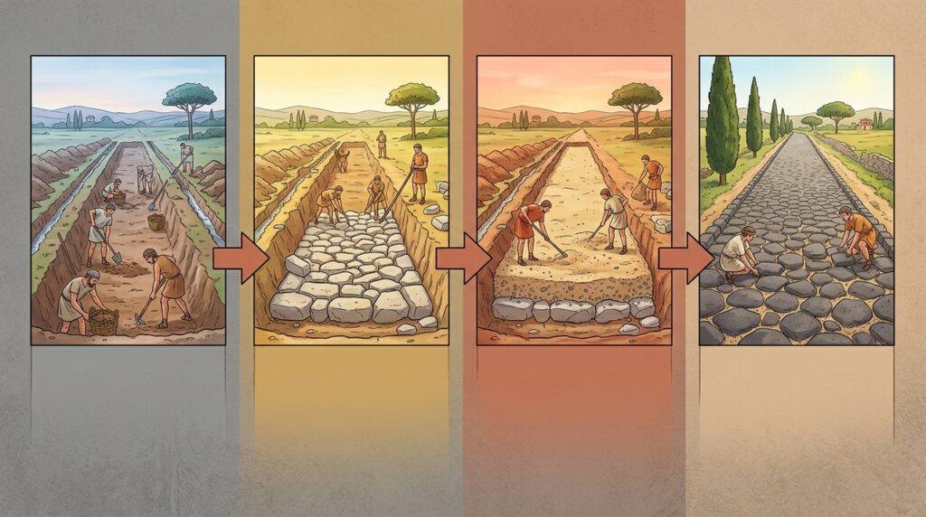 Com até 1,5 metro de fundação, a Via Ápia cruzou áreas alagadas com blocos vulcânicos encaixados há mais de 2.300 anos