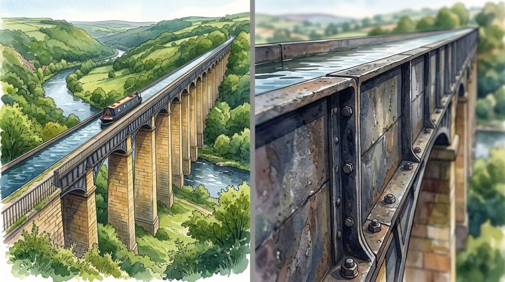 Um canal navegável cruza o Rio Dee a 38 metros de altura e permite que barcos atravessem o vale sem eclusas