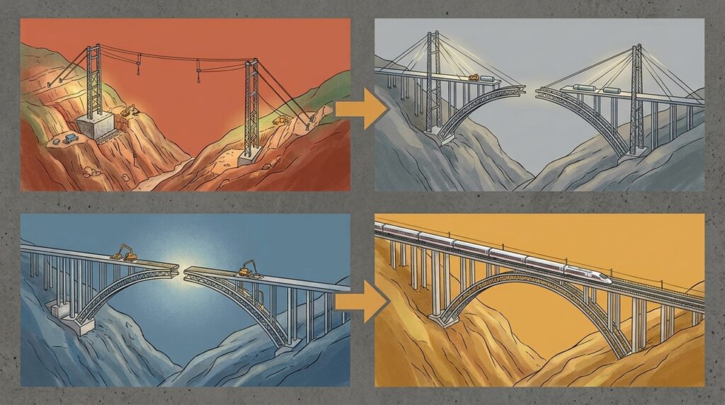 Com um arco de concreto de 445 metros, a Ponte Ferroviária Beipanjiang sustenta uma linha de alta velocidade entre penhascos