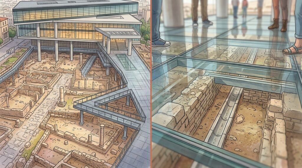 Um museu subterrâneo foi construído ao redor de ruínas históricas sem remover as estruturas originais encontradas durante as escavações