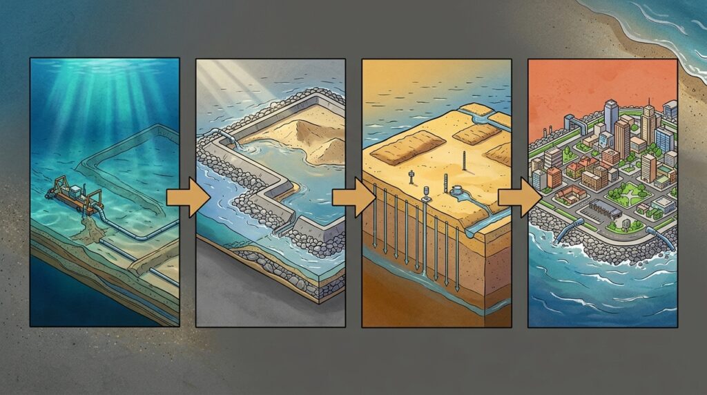 A ilha artificial que cresce sobre o mar para proteger cidades da subida das águas e criar espaço onde antes existia apenas oceano