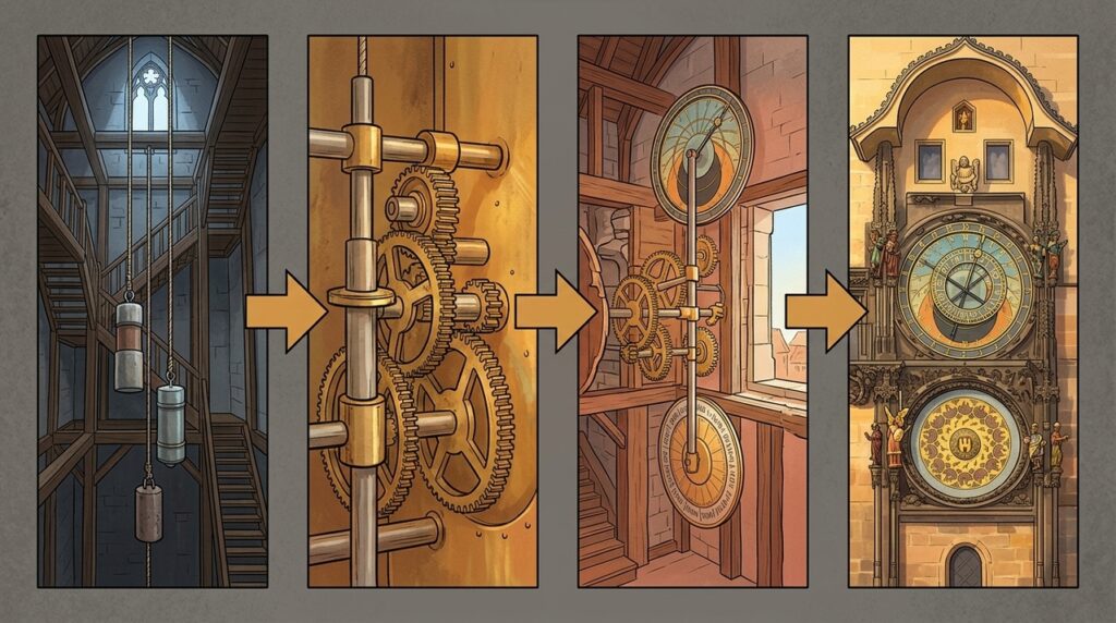 Um relógio construído dentro de uma torre medieval continua funcionando graças a um mecanismo de engrenagens criado há centenas de anos