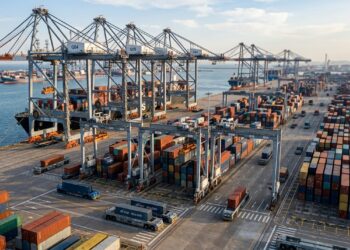 Um terminal automatizado no Porto de Qingdao utiliza veículos totalmente automáticos para movimentar milhares de contêineres sem motoristas