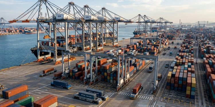 Um terminal automatizado no Porto de Qingdao utiliza veículos totalmente automáticos para movimentar milhares de contêineres sem motoristas
