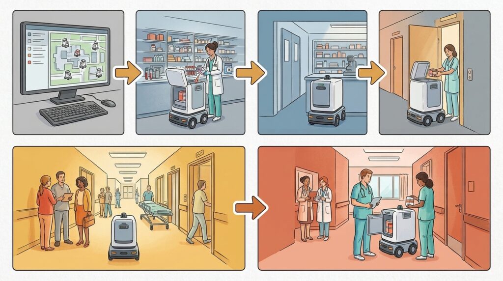 Hospitais já usam robôs autônomos para transportar medicamentos, amostras e materiais e reduzir deslocamentos das equipes