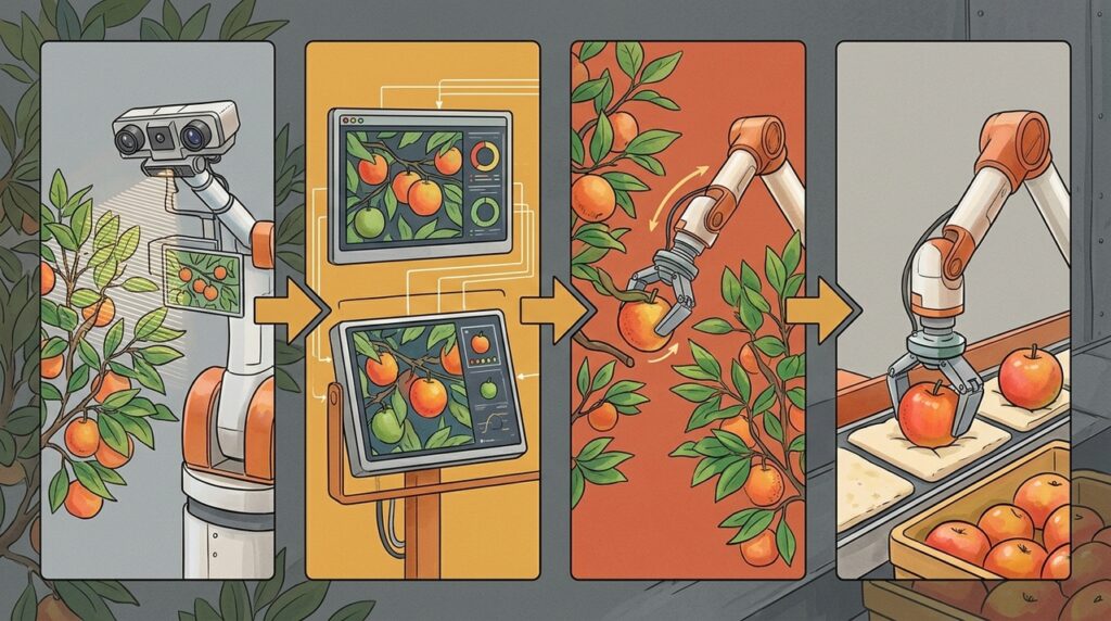 Robôs já conseguem colher frutas analisando cor, tamanho e ponto de maturação com menor risco de danificar a plantação