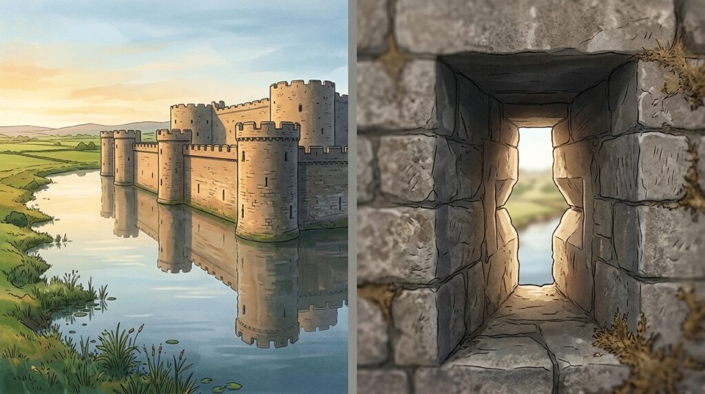 Com mais de 7 séculos de história, o Castelo de Beaumaris usa muralhas concêntricas para multiplicar a defesa sem depender apenas da altura