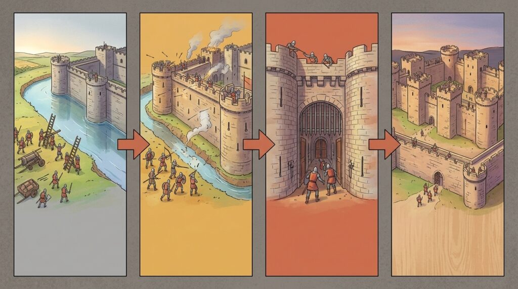 Com mais de 7 séculos de história, o Castelo de Beaumaris usa muralhas concêntricas para multiplicar a defesa sem depender apenas da altura