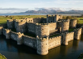 Com mais de 7 séculos de história, o Castelo de Beaumaris usa muralhas concêntricas para multiplicar a defesa sem depender apenas da altura