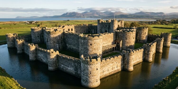 Com mais de 7 séculos de história, o Castelo de Beaumaris usa muralhas concêntricas para multiplicar a defesa sem depender apenas da altura